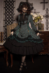 Point Manor Stand Collar Long Sleeves Multi-layer Striped Print Ruffle Gothic Lolita Dress 4 Colors